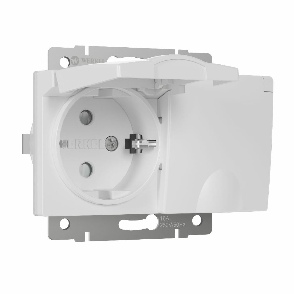 Розетка встраиваемая двойная влагозащищенная Werkel с заземлением, шторками и защитной крышкой Белый W1172201