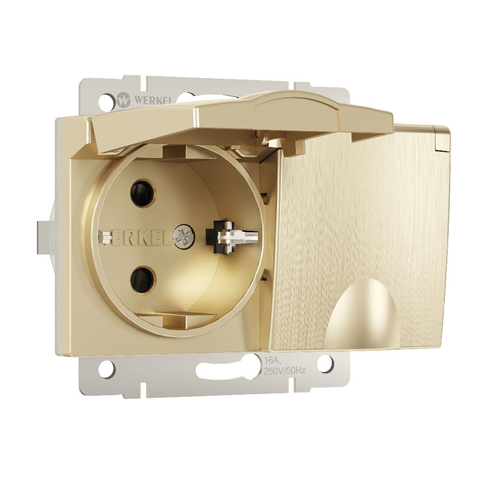 Розетка встраиваемая двойная влагозащищенная Werkel с заземлением, шторками и защитной крышкой Шампань рифленый W1172210