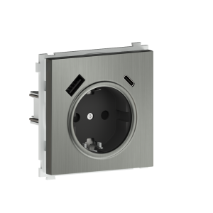 Розетка встраиваемая Donel R98 Metal с заземлением, шторками и USB тип A+C Никель DA15500-DA222NB