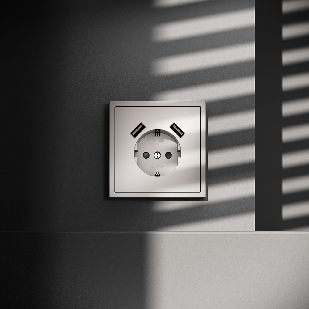 Розетка встраиваемая Voltum S70 с заземлением, шторками и USB A+A Кашемир VLS040403 — изображение 4